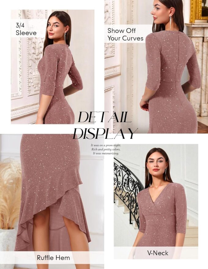 BeryLove Women Formal Wedding Guest Cocktail Sequin Glitter Dress 3/4 Sleeve Midi Evening Gown Prom Party Ruffle Hi Low Dress – Bild 6
