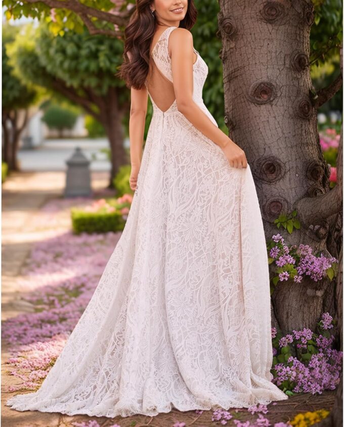 WIOJEIGO Women's Lace Boho Wedding Dress for Bride with Double Shoulders 2025 Bohemian Long A-Line Beach Bridal Gowns – Bild 2
