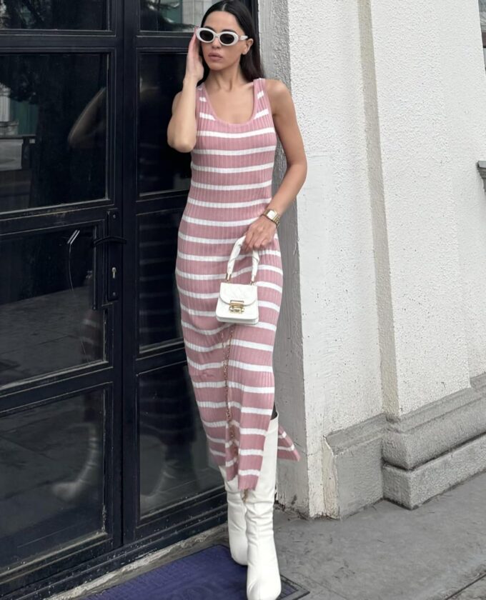 Zeagoo Women's Spring Summer Casual Dress Bodycon Midi Sleeveless Striped Knit Maternity Tank Sweater Dresses with Side Slit – Bild 4