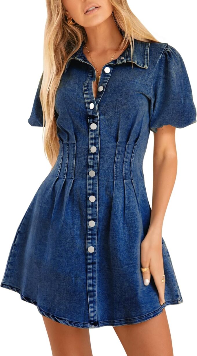 KDF Summer Denim Dress for Women Puff Sleeve Slim Jean Dresses Navy Blue