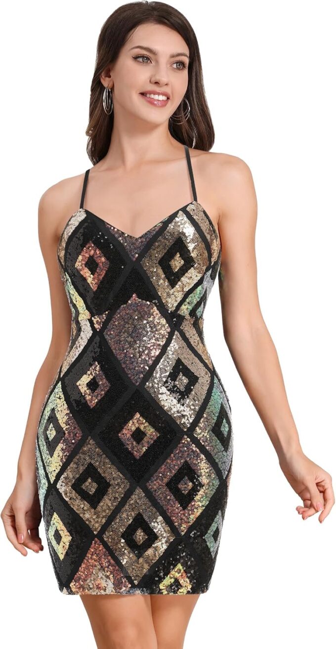 ODIZLI Women's Contrast Sparkly Sequins Glitters Bodycon Mini Dress Party Prom Homecoming Dress – Bild 2