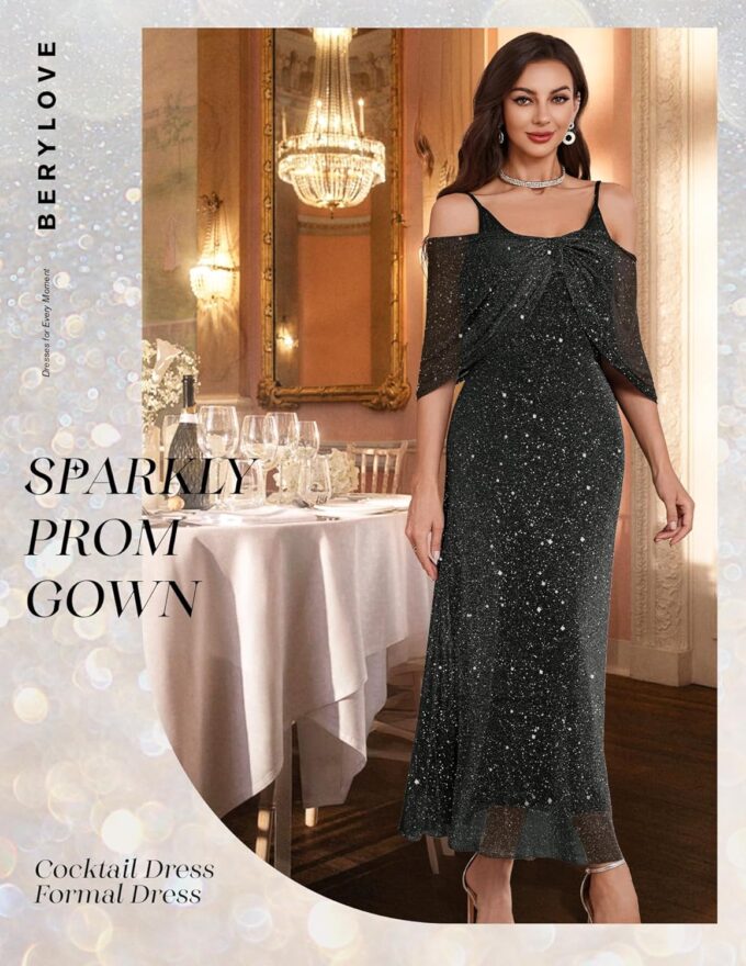 BeryLove Women Sequin Formal Party Dress Cocktail Evening Gown Wedding Dresses with Shawl – Bild 4