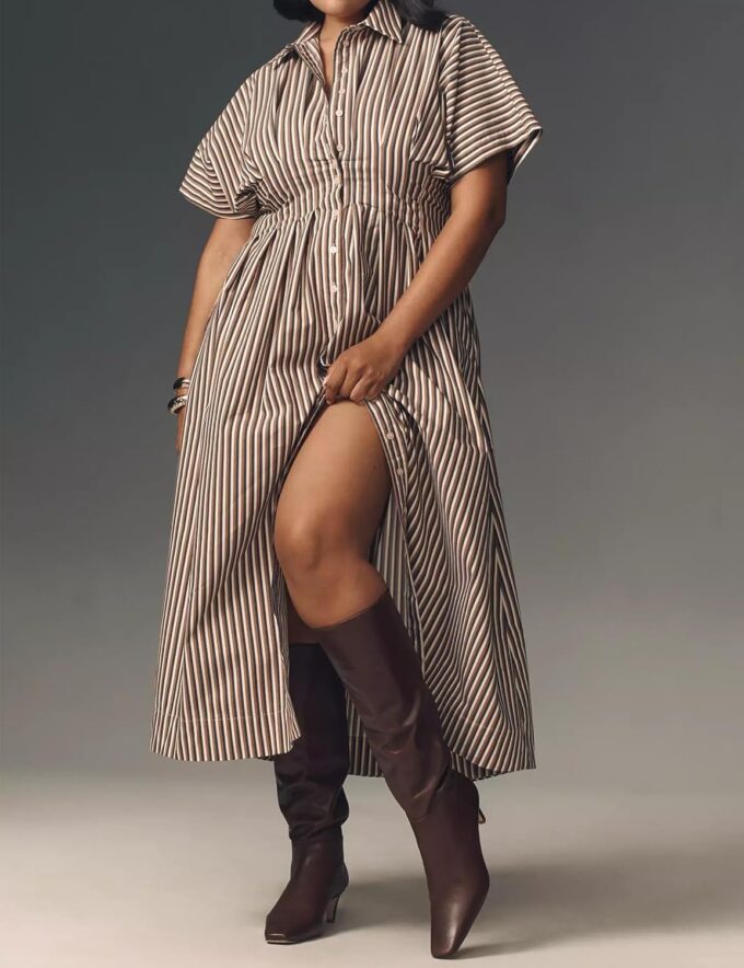 Women Striped Button Front Pleated Maxi Shirt Dress Short Sleeve Collar V Neck Summer Casual Corset Long Dress – Bild 5