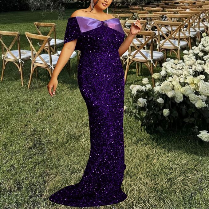 Women's Sexy Off Shoulder Short Sleeve Sequin Floor Length Bodycon Cocktail Evening Gown Party Maxi Dress – Bild 3