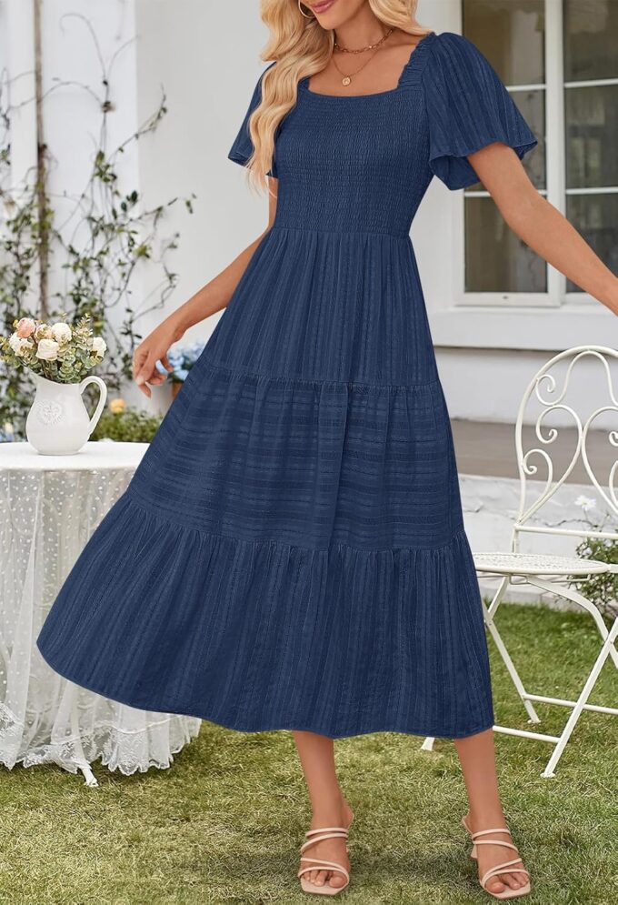 MEROKEETY Women's 2025 Summer Flowy Midi Maxi Dress Short Sleeve Square Neck Smocked Tiered Ruffle Boho Dresses with Pockets – Bild 5