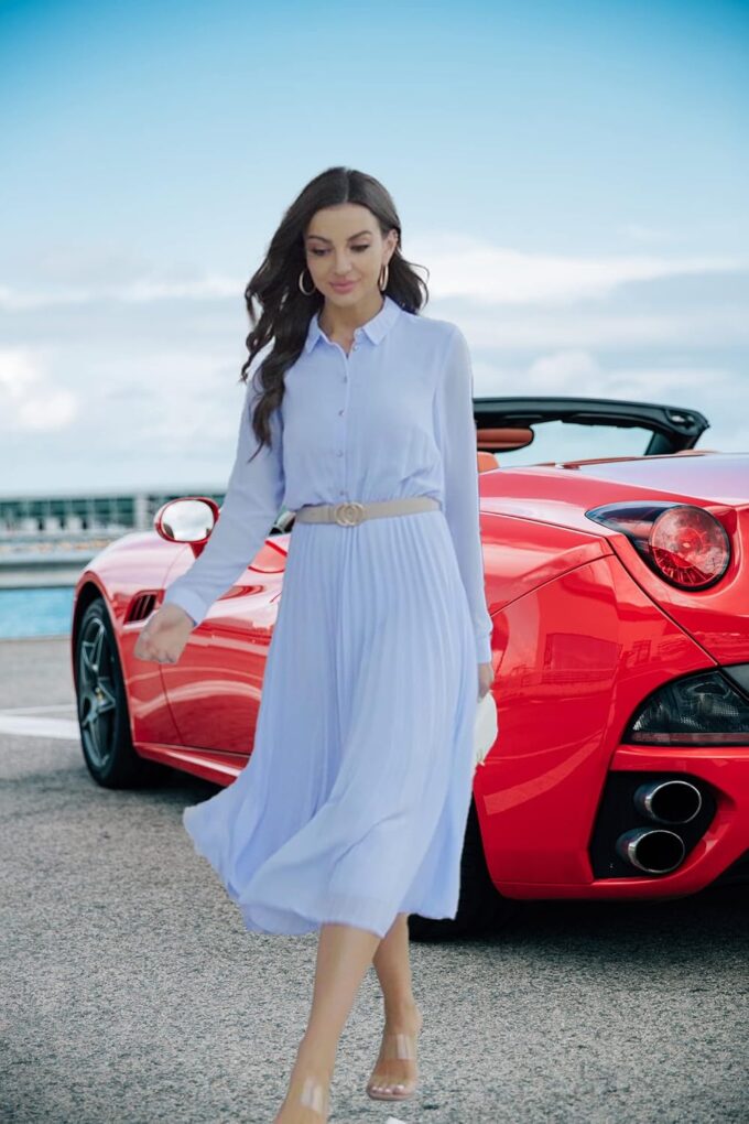 Business Casual Shirt Dress for Women Long Sleeves Pleated Midi Dresses with Belt – Bild 6