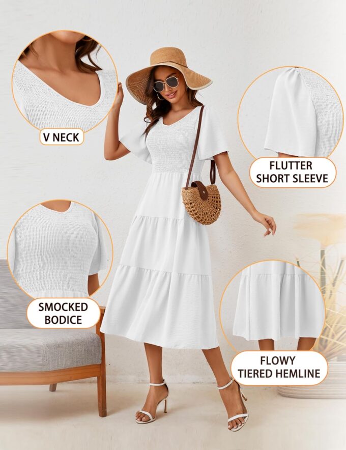 MIDNIGHTSUN Women's Smocked Midi Dress V Neck Flutter Short Sleeve Summer Tiered Dress – Bild 5