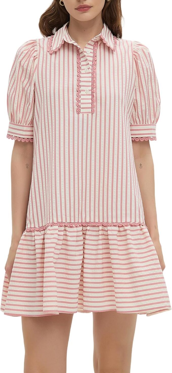 Striped Dress for Women Collared Short Puff Sleeve Ruffle Hem Summer Tunic Flowy Shirt Mini Dress