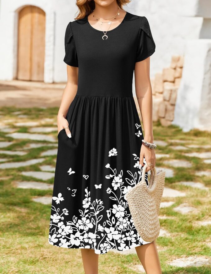Zeagoo Women Summer Short Sleeve Midi Dress with Pockets Casual Aline Flowy Tshirt Dress Floral Vocation Beach Sundress – Bild 2