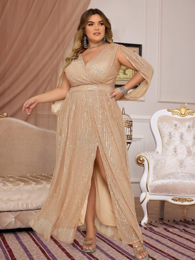 Madam Uniq Women Plus Size Sequin Dress Ribbon Sleeve V Neck Maxi Cocktail 1920s Evening Gown Wedding Guest Dresses – Bild 3