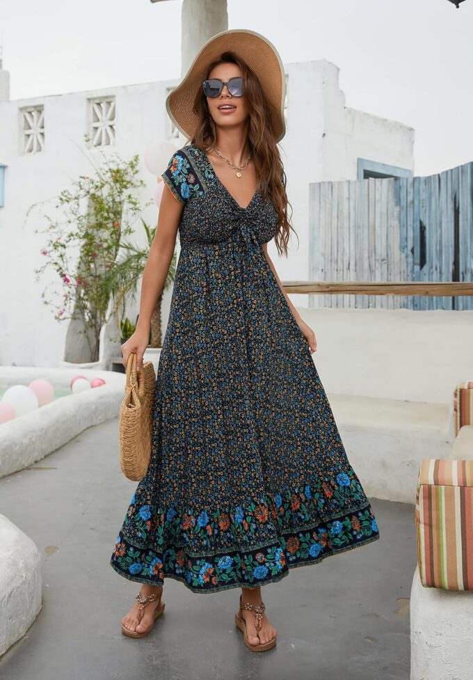 Women's Summer Floral Maxi Dress Casual Short Sleeve Flowy Boho Beach Party Long Dress – Bild 4