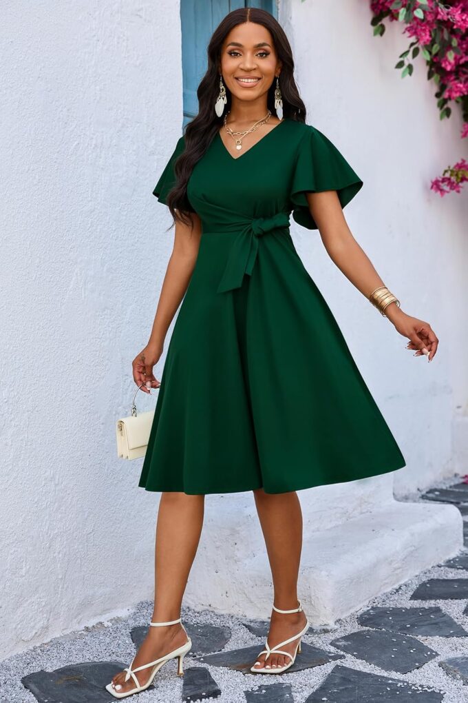 FANDEE Women's Casual Midi Dress Wedding Guest Dresses for Chuch Cocktail Ruffle Short Sleeve A-Line V Neck with Belt – Bild 2