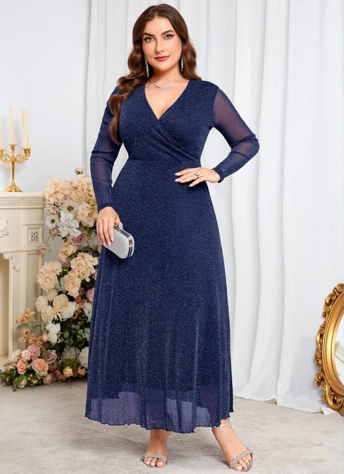 ZOMVA Plus Size Sparkly Maxi Dress V-Neck Wrap Long Sleeve A-Line Glitter Mesh Gown Wedding Guest Cocktail Evening Party – Bild 2