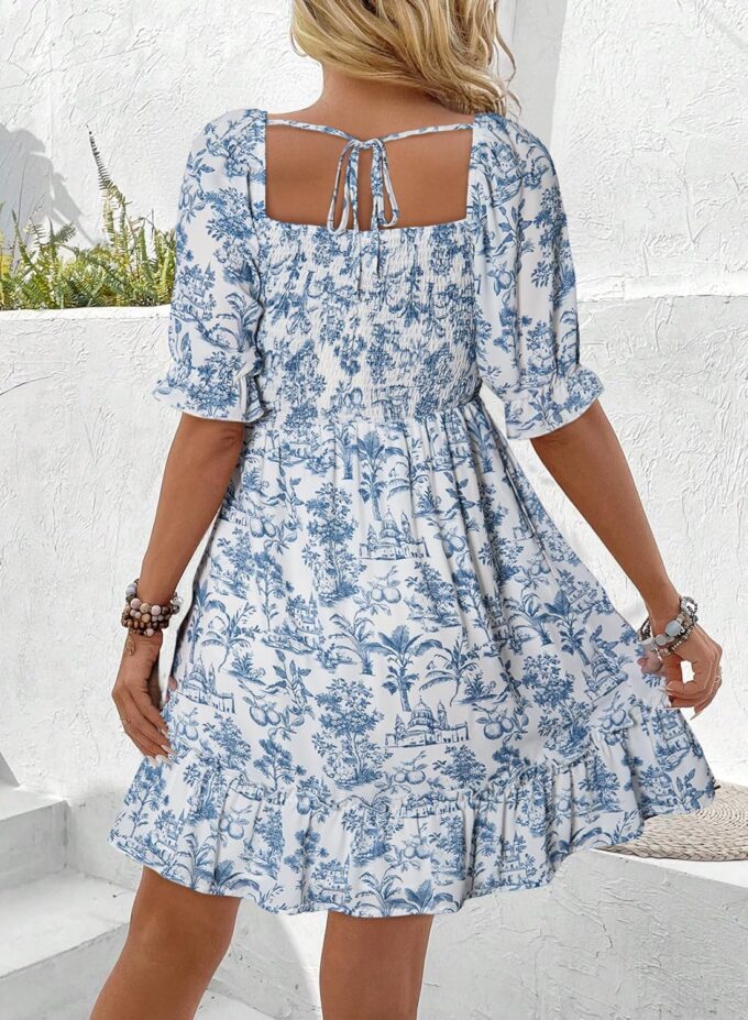Dokotoo Womens Casual Summer Dresses Short Sleeve Square Neck Smocked Boho Floral Sundress Flowy A-Line Mini Dress – Bild 3