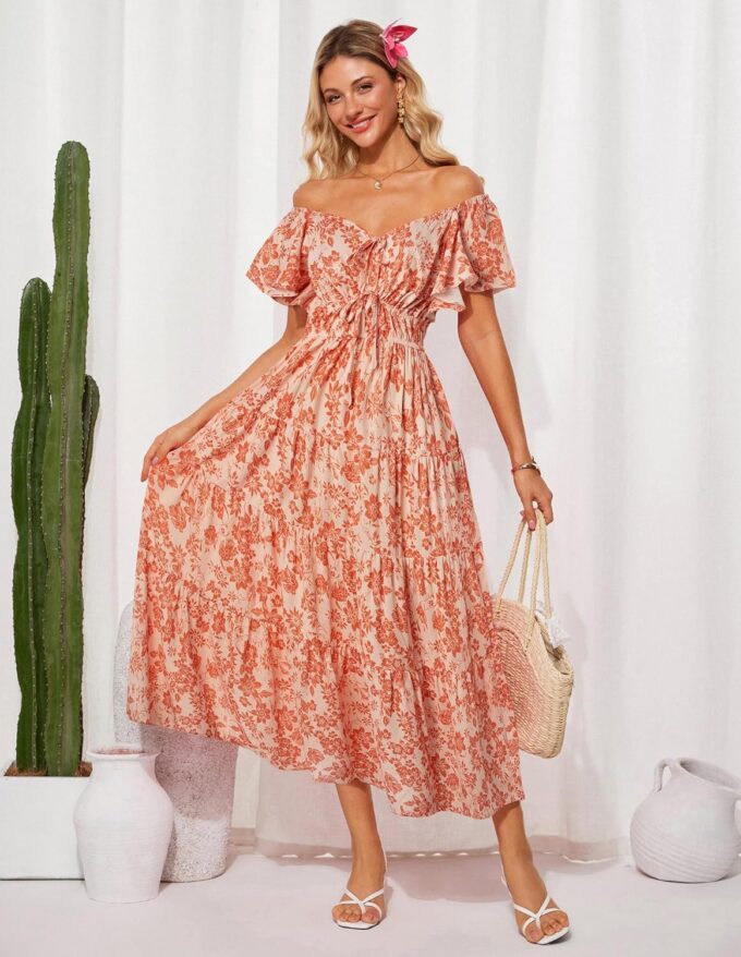 GRACE KARIN Womens 2025 Floral Summer V-Neck Ruffle Sleeve Empire Waist A-Line Casual Maxi Tiered Dress with Pockets – Bild 2