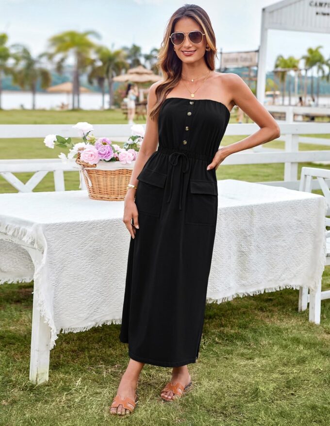 GRACE KARIN 2025 Summer Women's Strapless Maxi Dress Elastic Waist Side Slit Casual Cotton Summer Dress with Pockets – Bild 2