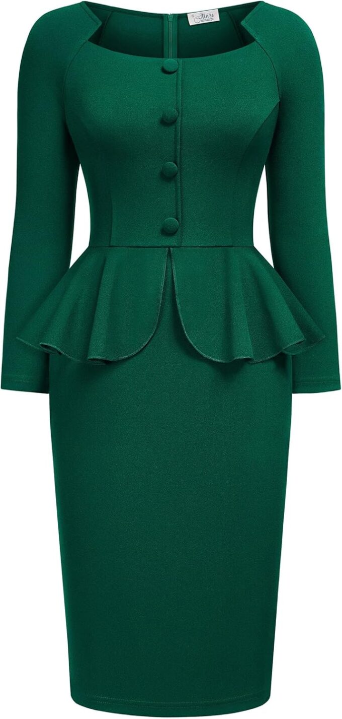 AISIZE Women's Vintage Square Neck Long Sleeve Peplum Cocktail Party Dress – Bild 3