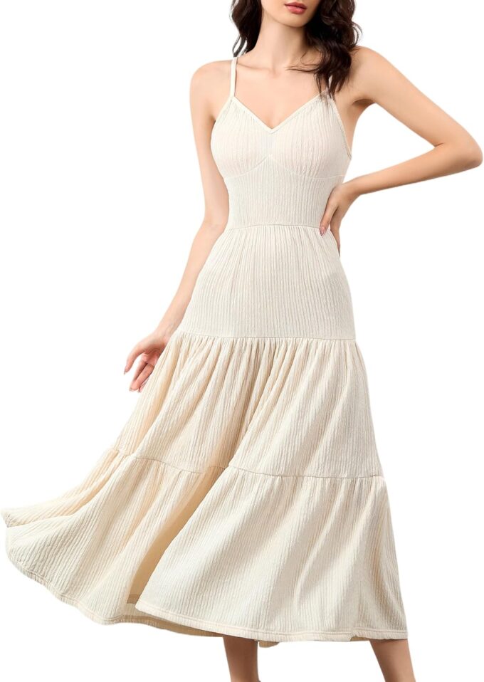 Women's Spaghetti Strap V Neck Dress Tiered Pleated Casual Beach Sundress