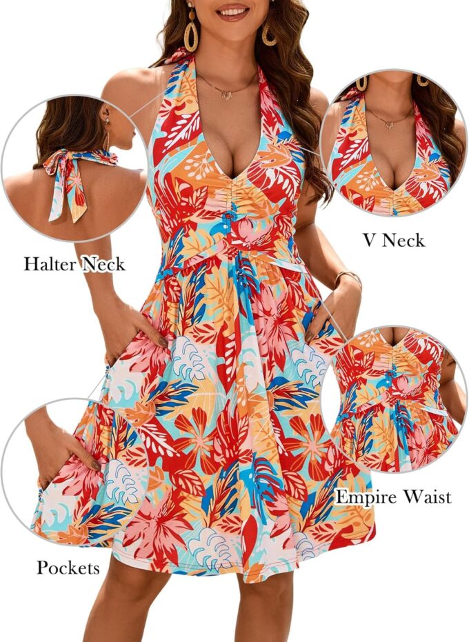 ZABERRY Women Summer Sundresses Halter Neck Deep V Tie Backless Floral Ruched Vacation Beach Dresses 2025 with Pockets – Bild 2