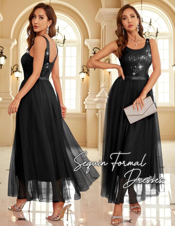 BeryLove Sequin Dress for Woman Vintage A Line Wedding Formal Swing Mesh Dress Sleeveless Cocktail Maxi Gowns – Bild 2