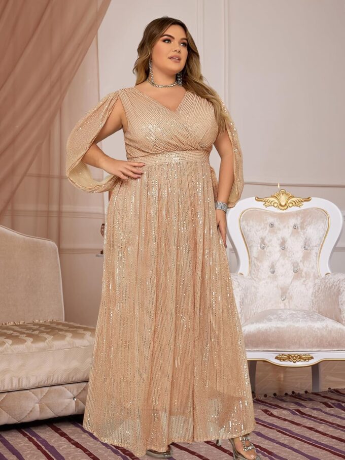 Madam Uniq Women Plus Size Sequin Dress Ribbon Sleeve V Neck Maxi Cocktail 1920s Evening Gown Wedding Guest Dresses – Bild 5