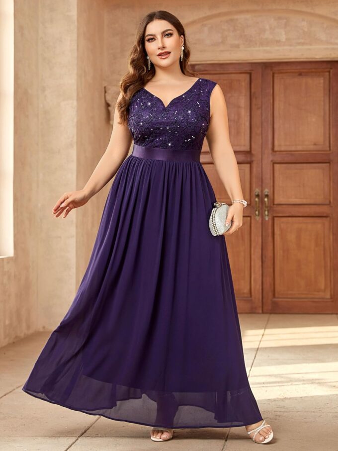 Miusol Women's Plus Size Elegant Lace Contrast Sequin V-Neck Floral Formal Evening Party Maxi Dress – Bild 4