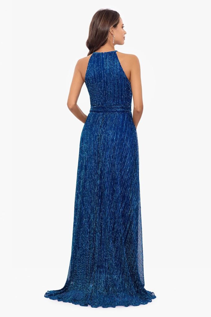 Betsy & Adam Women's Long Metallic Sleeveless Halter Neck Wrap Overlay Gown – Bild 2