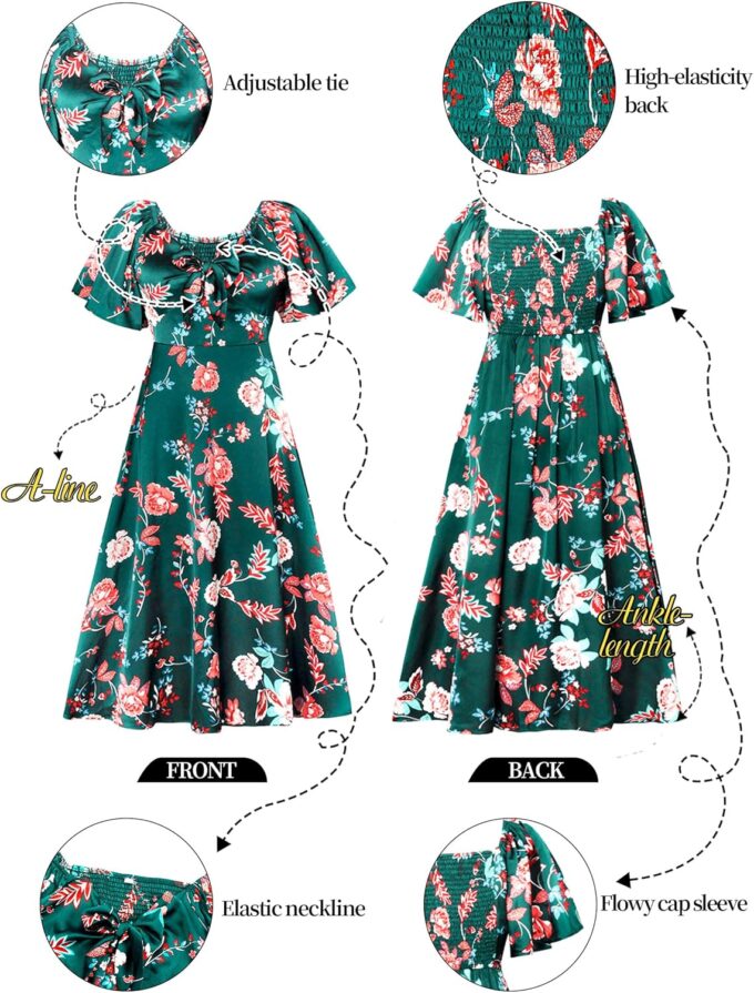 Fashionme Womens Dresses 2025 Maxi Dresses Deep V Neck Elegant Bow Tie Front Cap Sleeve Summer Floral Satin Smocked Dress – Bild 6