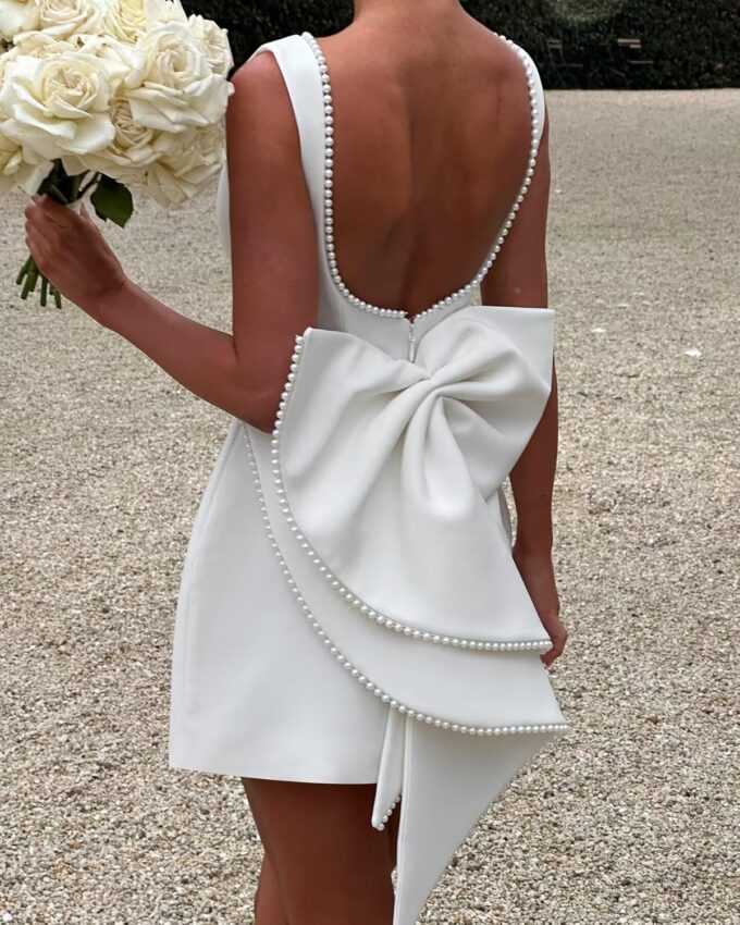 Satin Short Wedding Dresses for Women Beading Backless Bridal Shower Dresses for Bride Detachable Bow Wedding Dress – Bild 4