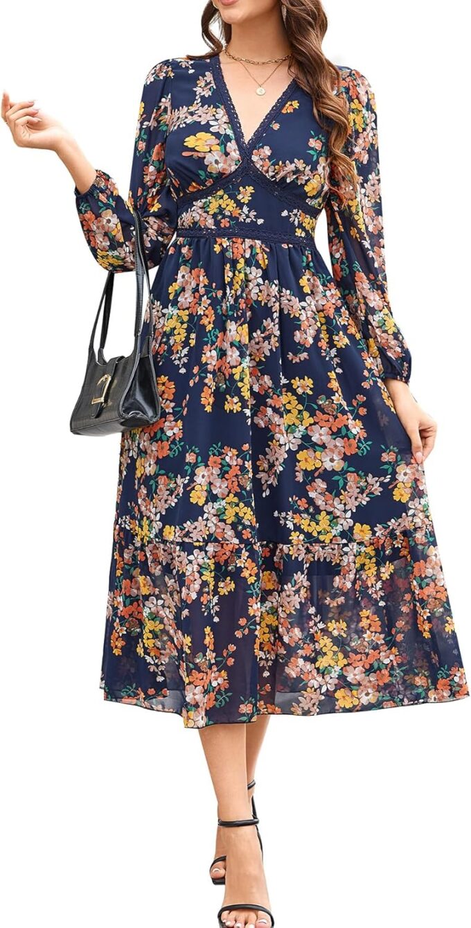 Women's Spring Wrap Maxi Dress Floral V Neck Long Sleeve Wedding Guest Party Casual Chiffon Dress