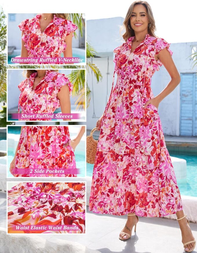 Kranda 2025 Women Summer Self-tie V Neck High Waist Ruffle Cap Sleeve Flowy Tiered Long Boho Floral Maxi Dress with Pockets – Bild 4