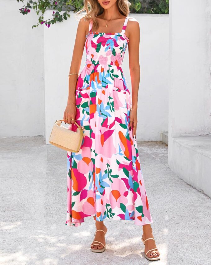 PRETTYGARDEN Womens Summer Dresses 2025 Casual Spaghetti Strap Ruffle Smocked Flowy Floral Print Maxi Dress with Pockets – Bild 3