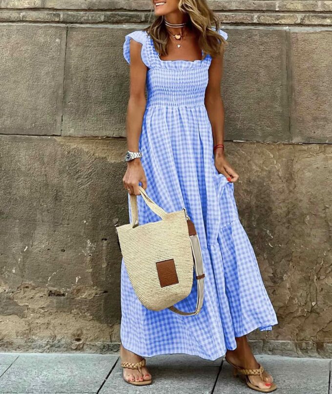 SOMTHRON Women's Square Neck Plaid Smocked Dress Ruffle Sleeveless Tiered Flowy A-Line Checkered Maxi Long Dress – Bild 2