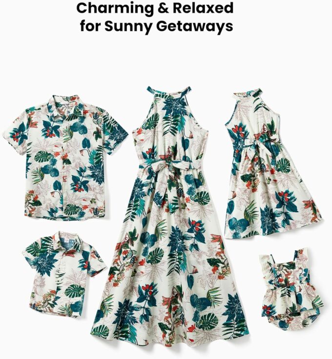 PATPAT Family Hawaiian Matching Outfits Mommy and Me Outfits Caribbean Vacation Summer Tropical Halter Sundresses and Shirts – Bild 3