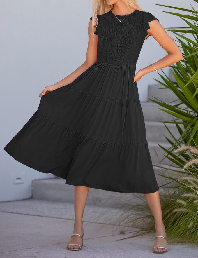 MEROKEETY Women's Flutter Short Sleeve Smocked Midi Dress Summer Casual Tiered A-Line Dress – Bild 5