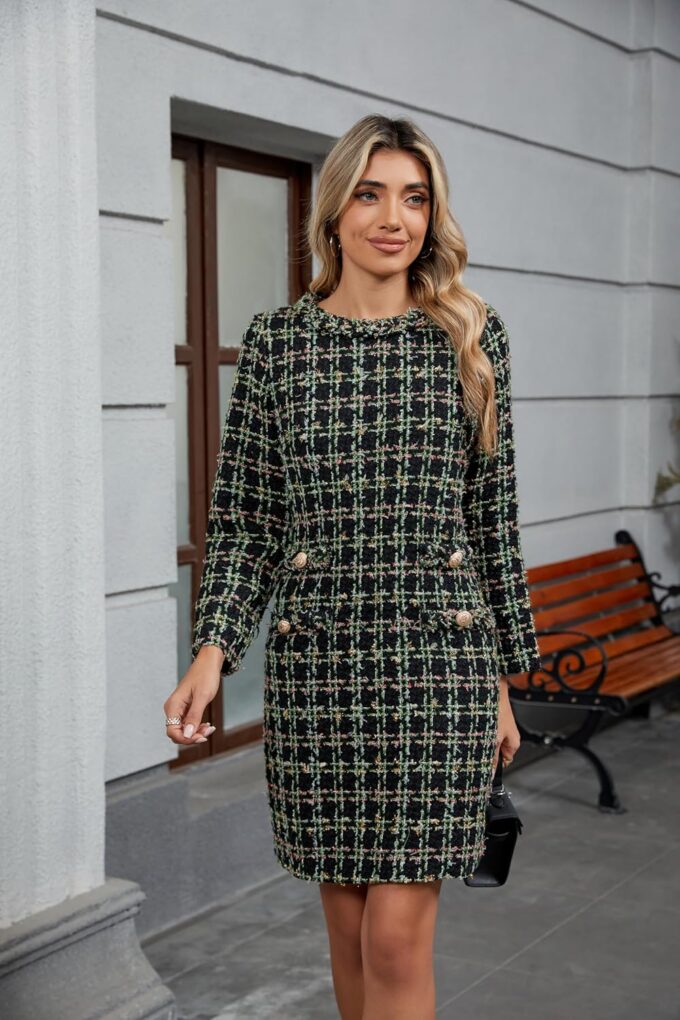 LifeShe Damen Langarm Tweed Minikleid Business Arbeit Kurzes Kleid Elegant Niedlich Partykleider – Bild 3