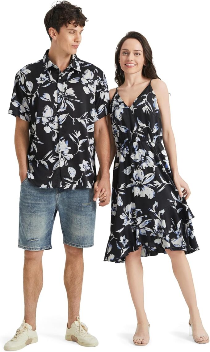 PATPAT Matching Hawaiian Outfits for Couples Beach Vacation Tropical Print Women Spaghetti Strap Dress or Men Cruise Shirt