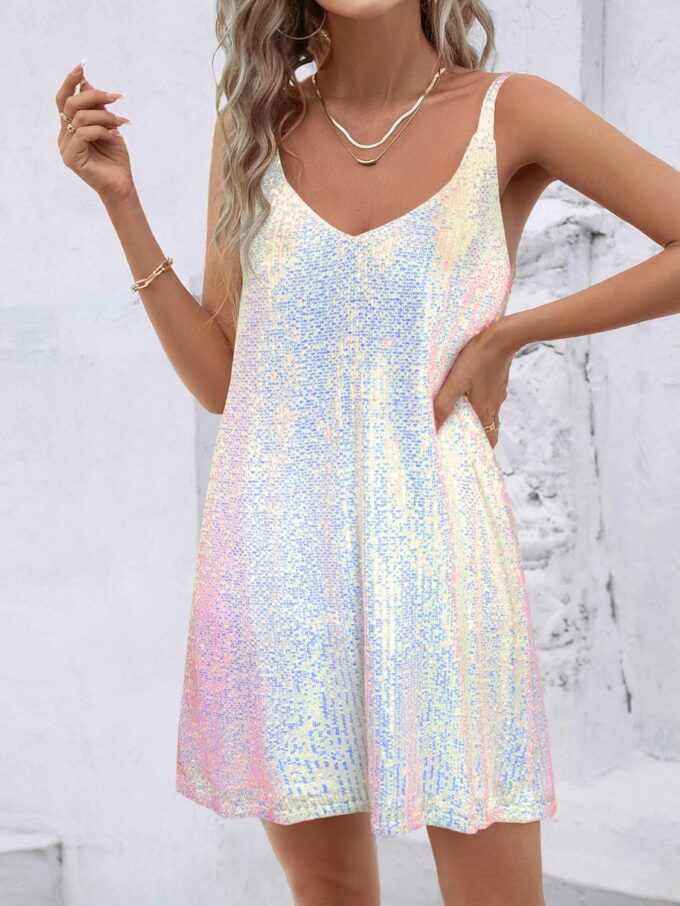 Women Sequin Sexy V Neck Shift Dress Sparkly Glitter Sleeveless Short Flowy Loose Party Night Out Club Dress – Bild 2