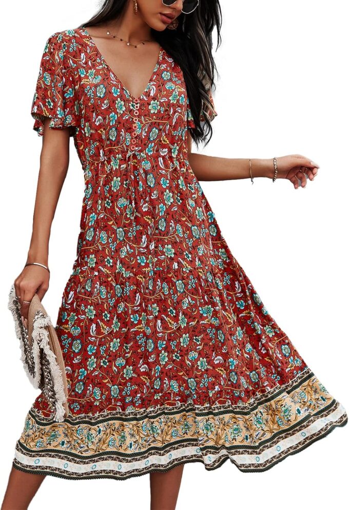 TEMOFON Women Dress Summer Sleeveless Bohemian: Floral V Neck Button Down Flowy Boho Dresses S-XL