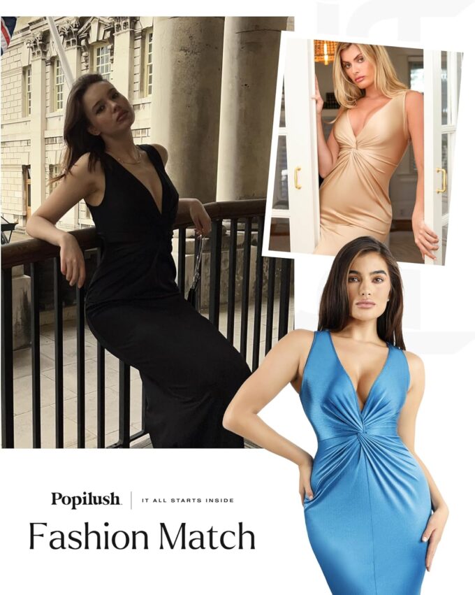 Popilush Shapewear Dress Ruched Bodycon - Deep V Neck Maxi Formal Dresses Built in Shapewear Sleeveless Long Dress – Bild 2