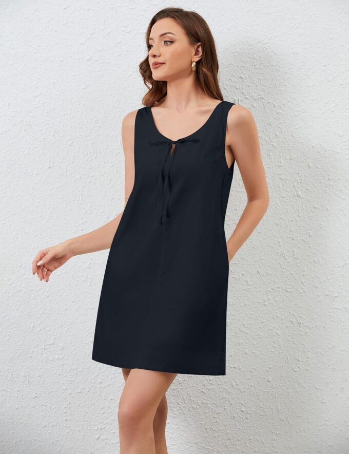 MISSACTIVER Women’s Sexy Scoop Neck Summer Mini Dress 2025 Sleeveless Tie Up Back Button Hollow Out Sundress with Pocket – Bild 4