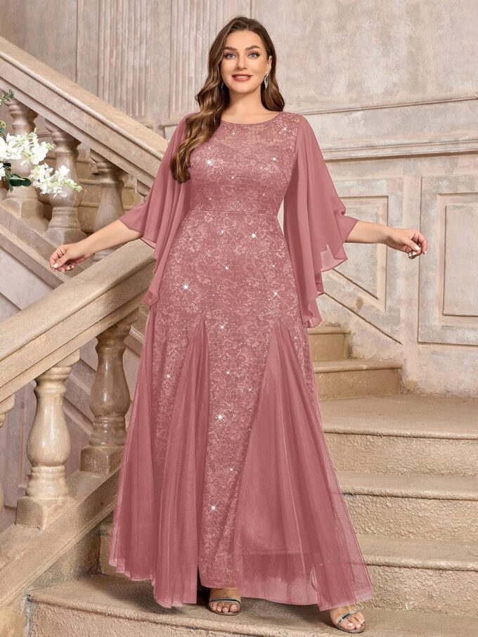MISSMAY Women's Plus Size Sequins Lace with Ruffle Cape Cloak Sleeves Tulle Mermaid Hemline Evening Prom Long Dress – Bild 3