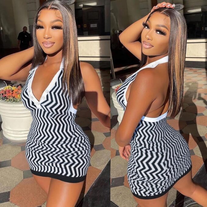Ryehack Women’s Summer Halter Dress Backless Sundress Striped V Neck Bodycon Mini Beach Dress Y2k Sexy Casual Tank Dress – Bild 3