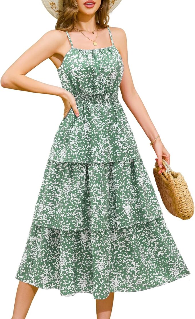 Meetjen Women's Summer Floral Midi Dress 2025 Square Neck Spaghetti Strap Flowy Smocked A Line Tiered Ruffle Beach Sun Dress
