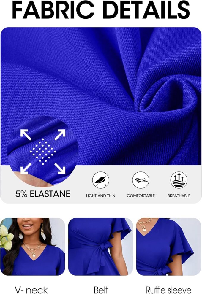 FANDEE Women Casual Midi Dress Wedding Guest Dresses for Chuch Cocktail Short Sleeve A-Line V Neck with Belt Blue – Bild 6
