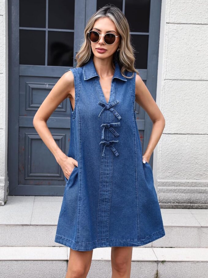 LifeShe Denim Dress for Women Summer Sleeveless V Neck Bow Tie Front Jean Mini Dresses – Bild 2