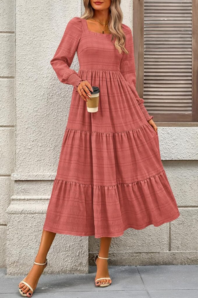 CFLONGE Women's Fall Dresses 2025 Puff Long Sleeve Square Neck Dress High Waist Smocked A-Line Flowy Wedding Party Maxi Dress – Bild 6