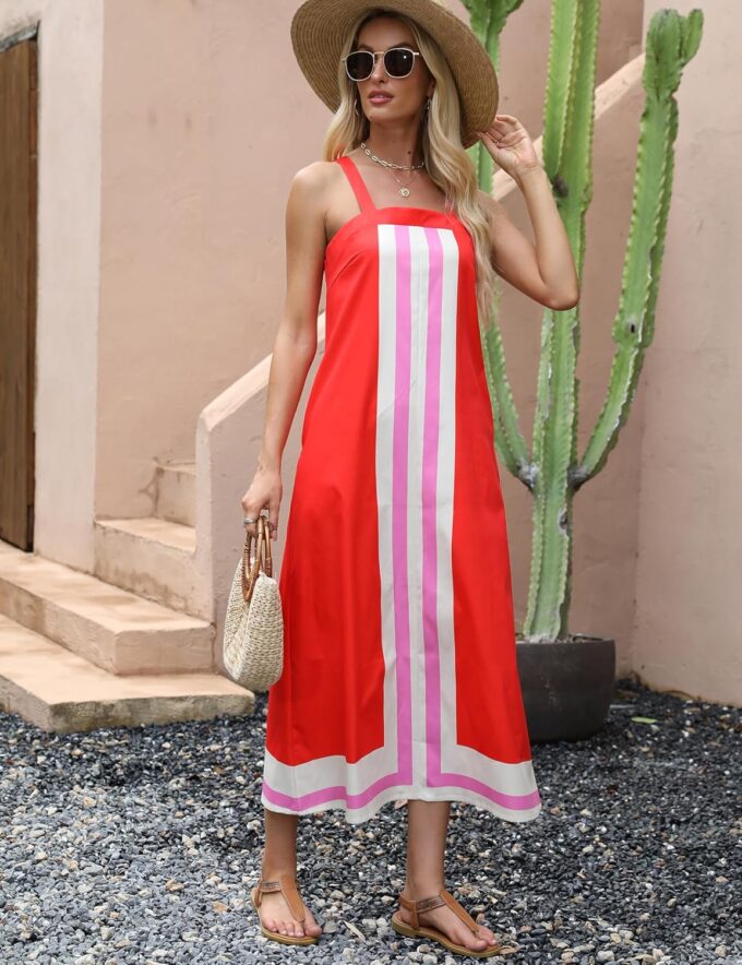 Fiona Jolin Womens Summer Maxi Dress Boho Striped Shoulder Strap Long Sundress Beach Cover Up Dress – Bild 5
