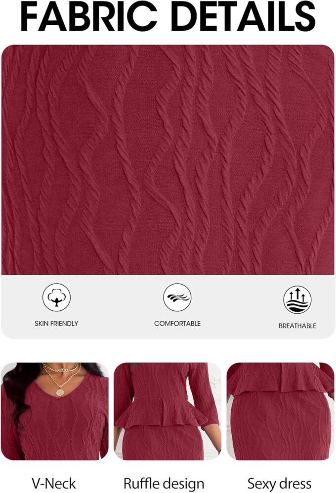 Runwind Schößchen-Kleid für Damen, V-Ausschnitt, 3/4-Ärmel, für die Arbeit, Midi-Kirchenkleider, elegante Bleistiftkleider – Bild 8