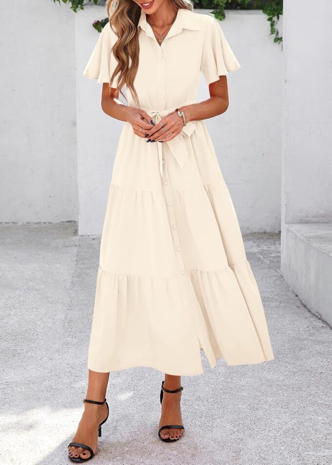 KIRUNDO Summer Button Down Wedding Guest Shirt Dresses for Women Maxi Flutter Short Sleeve Flowy Tiered Beach Sun Dress – Bild 7